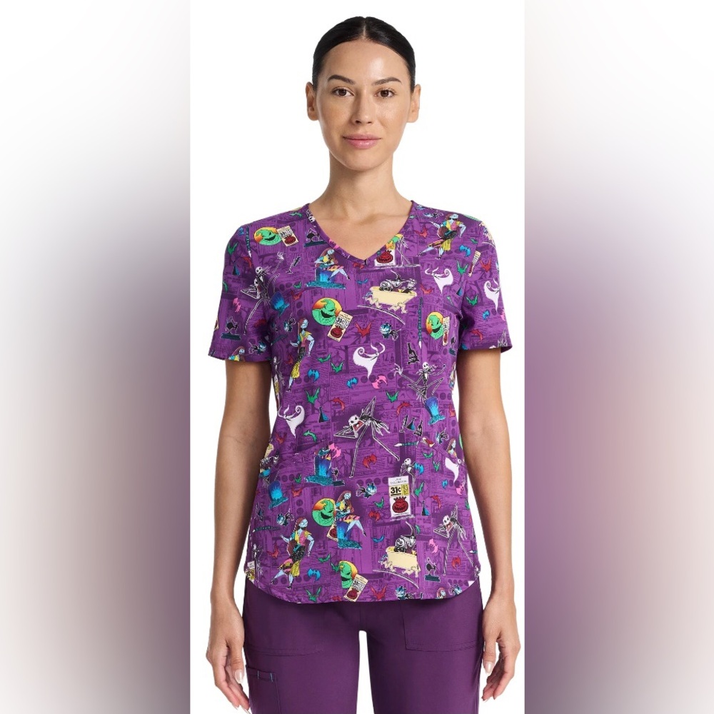 Disney The Nightmare Before Christmas Skellington Women's V-Neck Print Scrub Top